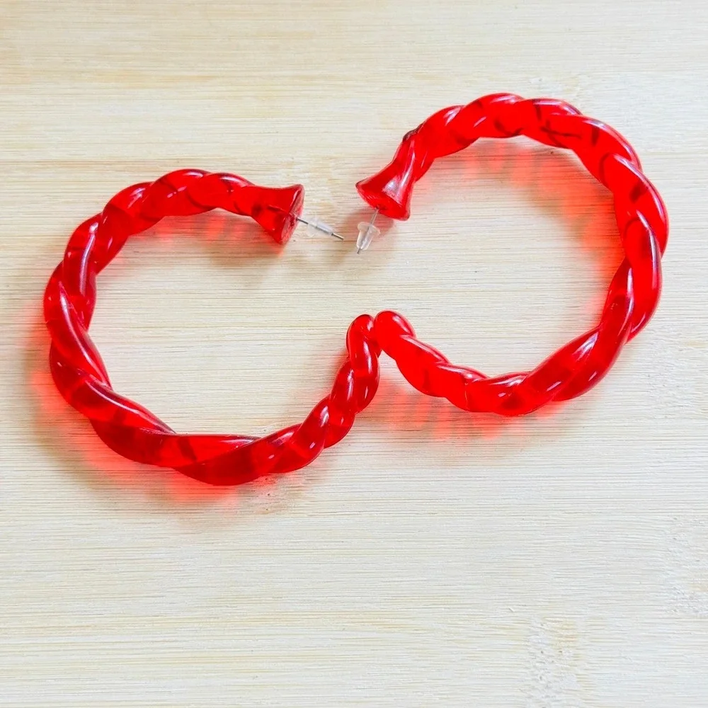 VTG Runway‎ Lucite Chunky clear red hoop Earrings large Dangle pierced retro 80s